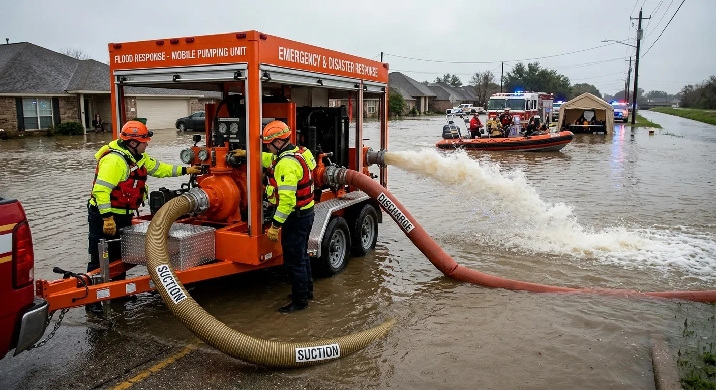 Emergency trailer-mounted dewatering pumps operating during flood response